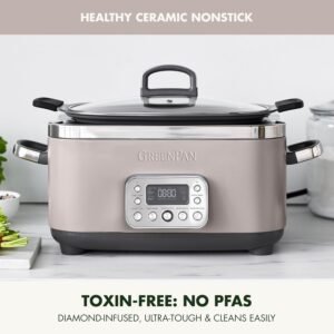 GreenPan Elite 14-in-1 Programmable 6QT Electric Slow Cooker, Dishwasher Safe Lid & Removable Crock, PFAS-Free Healthy Ceramic Nonstick Multi-Cooker, Sear, Sauté, Brown, Steam Basket, Roast, Clay