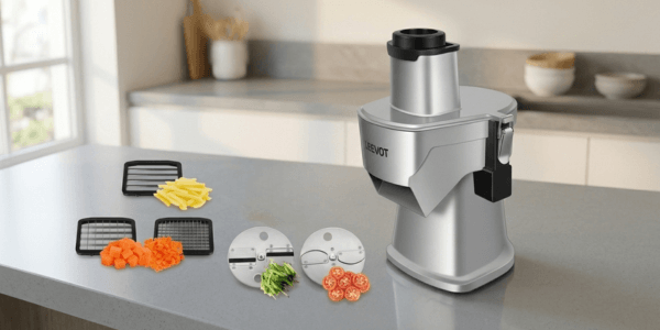 LEEVOT Electric Vegetable Chopper on a grey counter, shown with four attachments and results: fries, diced carrots, shredded zucchini, and sliced tomatoes.