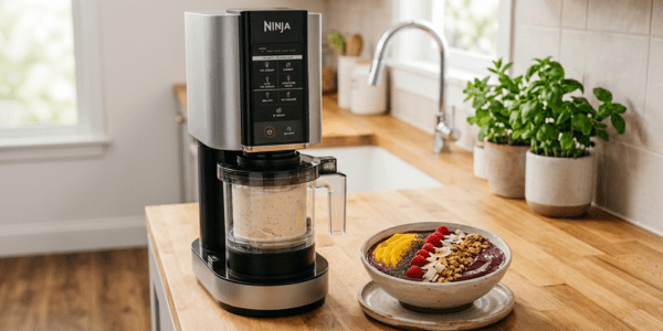 Ninja NC301 CREAMi Ice Cream Maker on a kitchen counter next to a colorful smoothie bowl