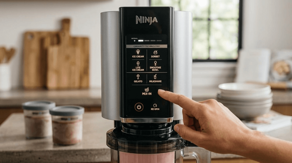 Close-up of the Ninja CREAMi NC301 control panel with 7 one-touch program buttons including Ice Cream, Sorbet, and Smoothie Bowl