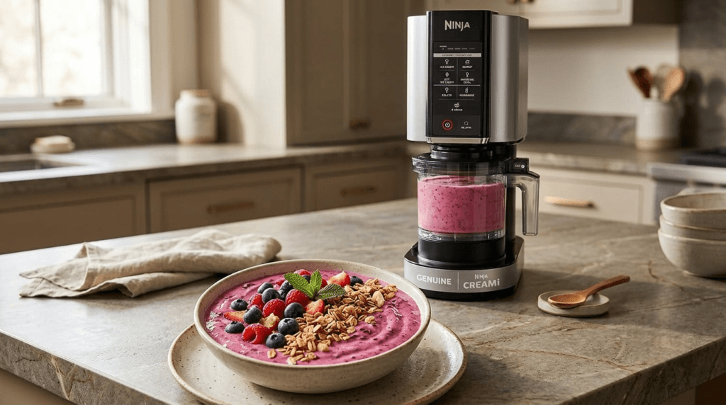 Colorful homemade smoothie bowl made with the Ninja CREAMi NC301, topped with fresh berries and granola