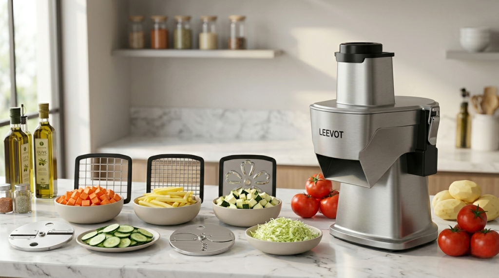 LEEVOT Electric Vegetable Chopper with multiple blade attachments displayed on a white kitchen countertop, showing its compact design and clear bowl