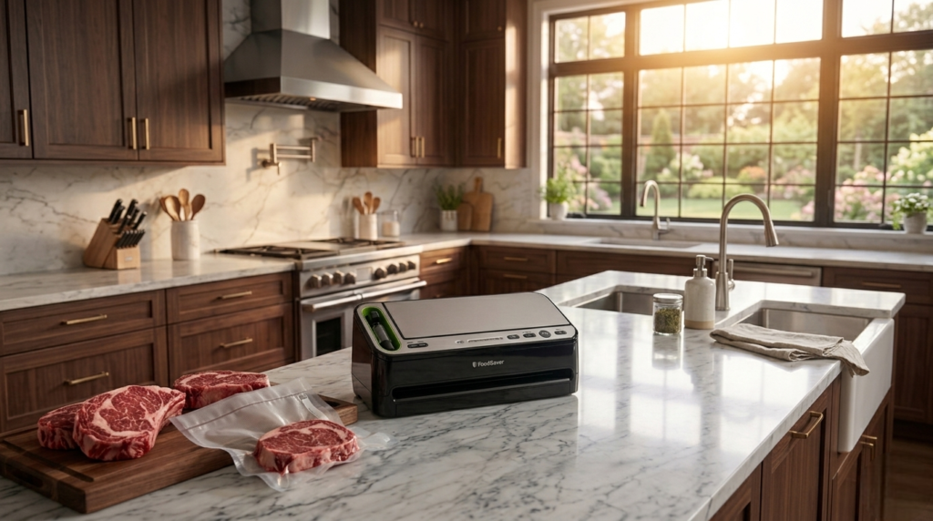 FoodSaver V4400 2-in-1 vacuum sealer machine in black and silver on a kitchen counter