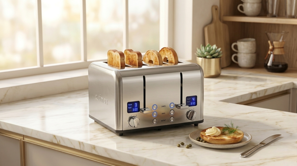 CUSIMAX 4-slice stainless steel toaster with LED display on a kitchen counter
