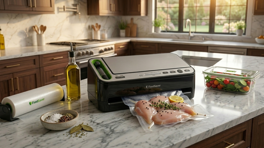 FoodSaver V4400 sealing a bag of chicken breasts with the retractable handheld sealer visible on top