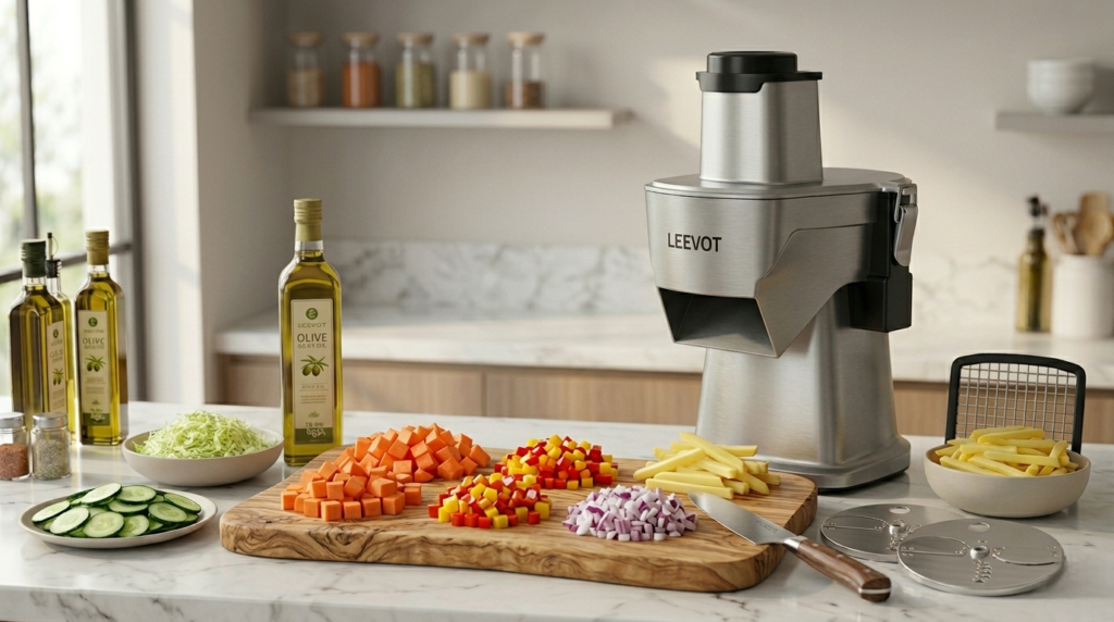 Freshly chopped colorful vegetables including carrots, bell peppers, and onions arranged on a wooden cutting board, demonstrating the uniform dicing results achievable with an electric vegetable chopper