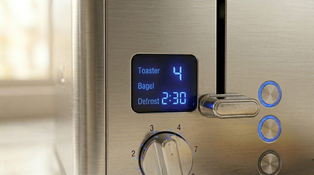 Close-up of the CUSIMAX toaster LED display showing countdown timer and browning setting