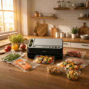 FoodSaver V4400 vacuum sealer preserving batch-cooked meals in a bright modern kitchen with organized freezer-ready food.