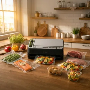 FoodSaver V4400 vacuum sealer preserving batch-cooked meals in a bright modern kitchen with organized freezer-ready food.