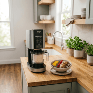 Ninja NC301 CREAMi Ice Cream Maker on a kitchen counter next to a colorful smoothie bowl