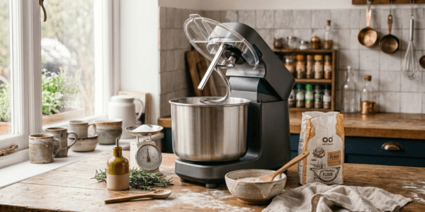 A sleek Ooni Halo Pro Spiral Mixer sits on a rustic wooden countertop alongside a bag of artisanal flour, a vintage scale, fresh herbs, and a bowl of poolish dough near a bright kitchen window.