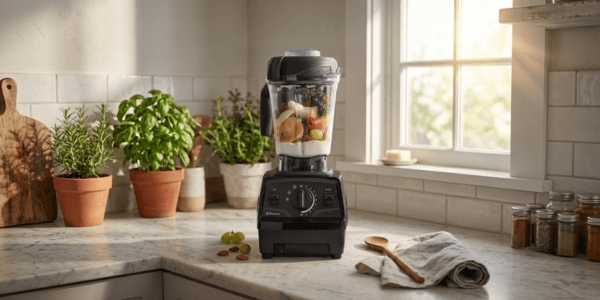 A black blender filled with fruits and leafy greens sits on a marble kitchen countertop.