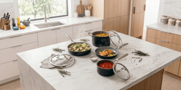 A high-angle photograph of a modern kitchen island with white marble countertops. Arranged on the island are multiple pots and pans filled with various dishes, including a fish, green curry, tomato sauce, and soup. Some pots are steaming, and lids are propped open. A linen napkin and sprigs of thyme are scattered around the cookware.
