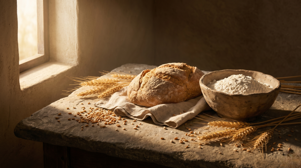 bread as cultural symbol — rustic wheat loaf on linen cloth with scattered grain in warm morning light