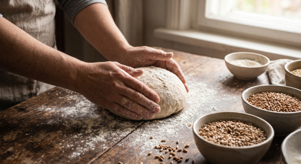 bread making cultural heritage — hands shaping sourdough loaf on flour-dusted wooden surface in soft daylight