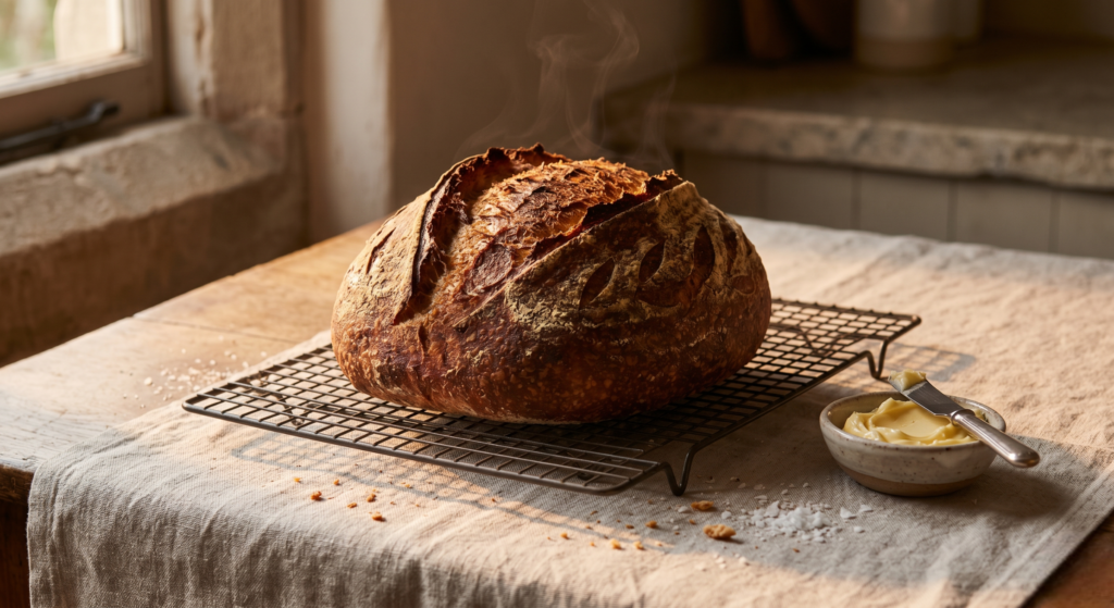 artisan bread baking at home — golden sourdough loaf cooling on wire rack with butter and sea salt in warm light