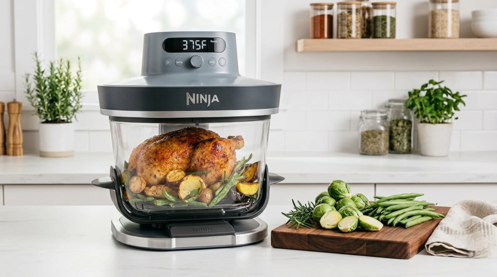 Ninja Crispi Pro glass air fryer on a modern kitchen countertop with fresh vegetables nearby