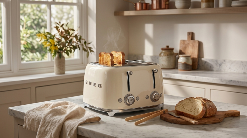Smeg TSF03 4-slot retro toaster in cream, sitting on a bright kitchen countertop