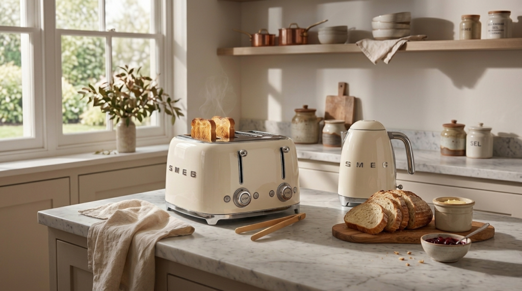 Smeg TSF03 cream-colored toaster displayed in a tastefully decorated kitchen, accompanied by a matching kettle