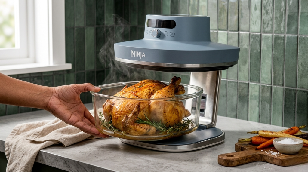 Golden roasted chicken in the Ninja Crispi Pro 6-quart glass container straight from the air fryer 