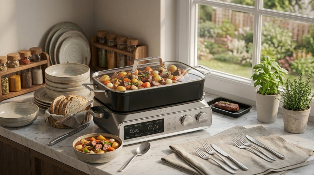 Family-sized beef stew served from the AUTUCU N21NA Pro 10-quart multi-cooker