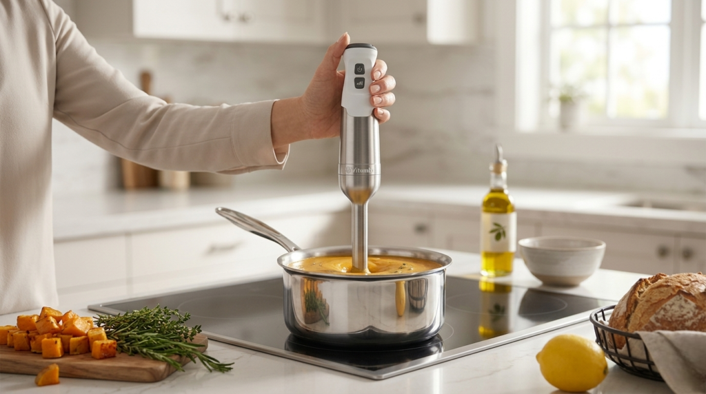Vitamix hand blender blending hot soup in pot on stovetop