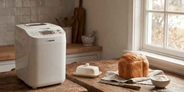 Zojirushi BB-SSC10WZ Home Bakery Maestro breadmaker in premium white on a clean kitchen counter with soft morning light