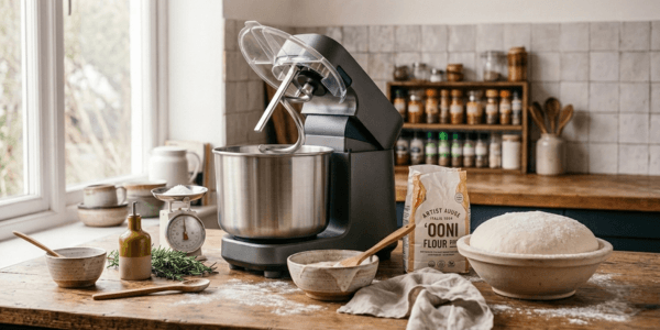 Ooni Halo Pro Spiral Mixer on a kitchen counter next to raw pizza dough