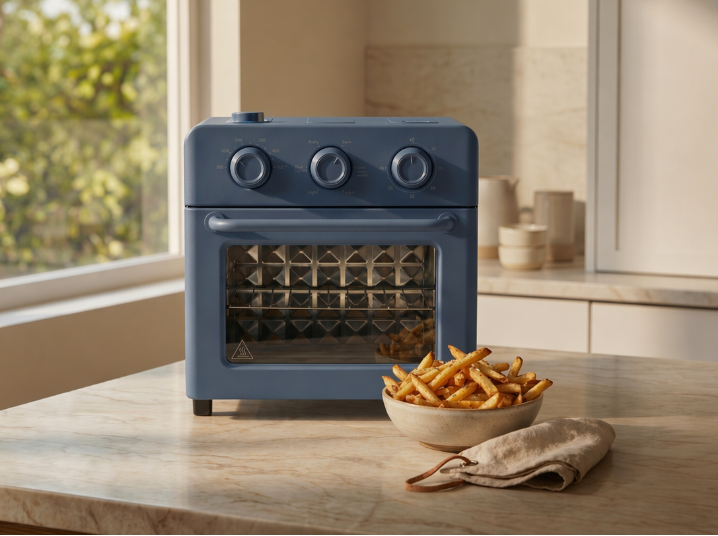 Compact blue countertop air fryer oven on a marble kitchen counter with a bowl of crispy French fries in a modern sunlit kitchen