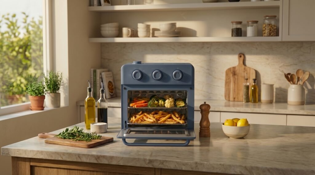 Compact blue countertop air fryer oven cooking fries and roasted vegetables in a modern sunlit kitchen