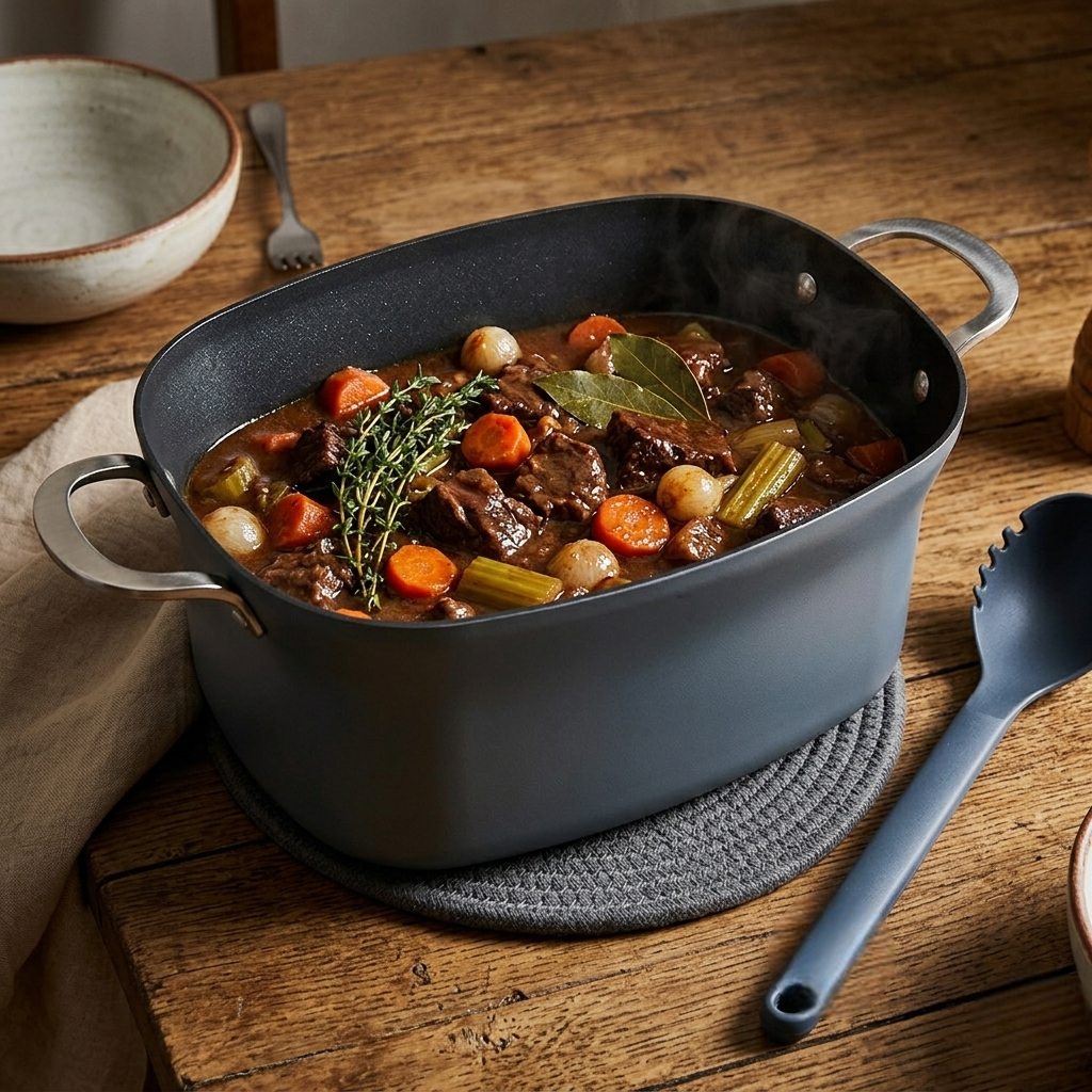 Braised beef stew served at the table directly from the Ninja PossibleCooker PRO pot