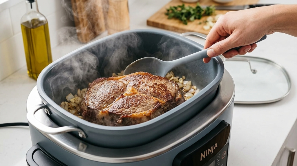 Ninja Foodi PossibleCooker PRO MC1001 on a kitchen counter with a slow-cooked stew inside