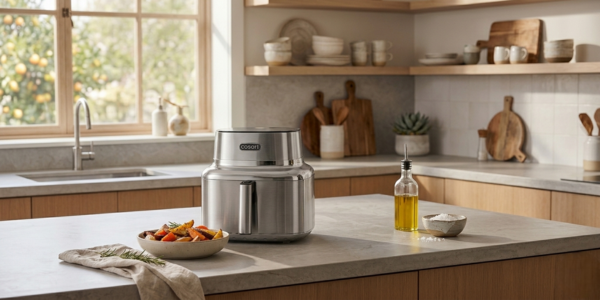 Cosori Iconic 6.5 Qt stainless steel smart air fryer on a modern kitchen counter, ready to cook.