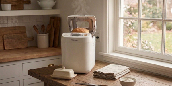 Zojirushi BB-SSC10WZ Home Bakery Maestro breadmaker on a kitchen counter, baking a fresh loaf.