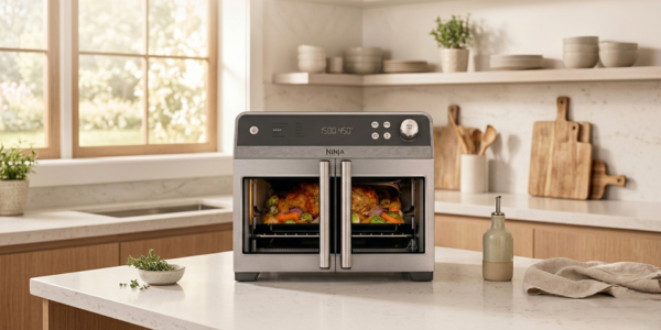 Ninja French Door Premier FO101 air fry oven on a kitchen counter with food inside.