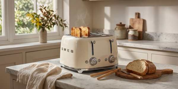 Cream-colored SMEG 4-slice toaster on a marble kitchen island with toasted bread, wooden utensils, and sliced artisan bread in a bright modern kitchen.