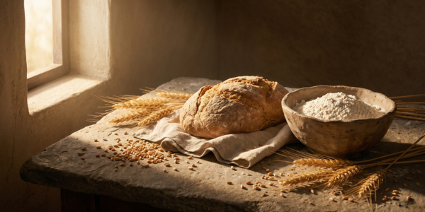 bread as cultural symbol — rustic wheat loaf on linen cloth with scattered grain in warm morning light.