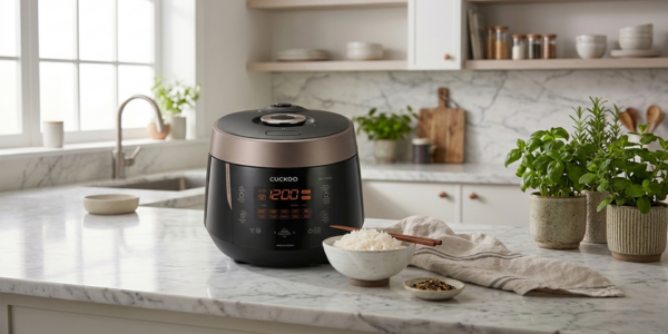CUCKOO CRP-P1009SB high pressure rice cooker on a kitchen counter next to a bowl of steamed white rice.
