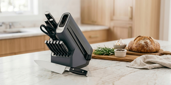Ninja K32012 Foodi NeverDull 12-piece knife block set displayed on a kitchen countertop