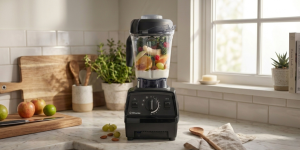 Vitamix Explorian with Programs blender in a bright modern kitchen with fresh fruits and greens on the counter