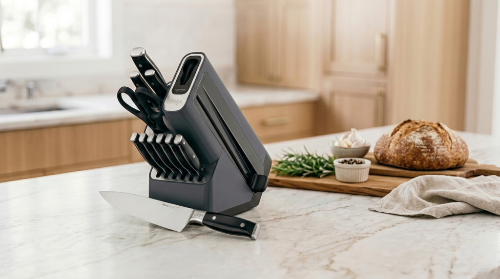 Ninja K32012 Foodi NeverDull 12-piece knife block set displayed on a kitchen countertop