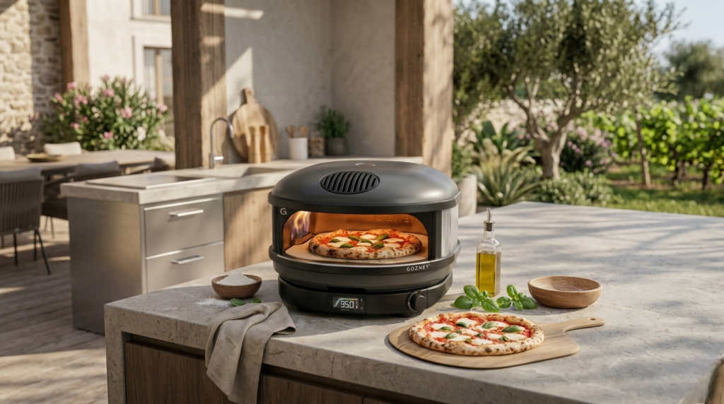 Gozney Arc Off Black outdoor propane pizza oven on a patio table