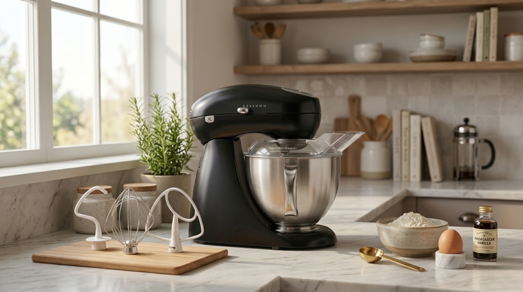 Hamilton Beach 63227N all-metal stand mixer in black on a kitchen counter