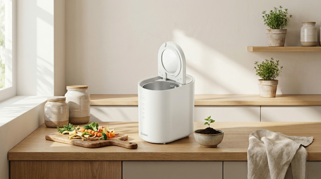 OK-255 white electric composter sitting on a kitchen counter next to vegetables and fruit scraps