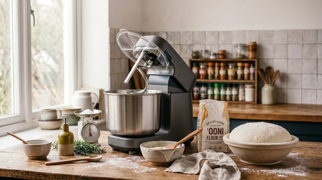 Ooni Halo Pro Spiral Mixer on a kitchen counter next to raw pizza dough