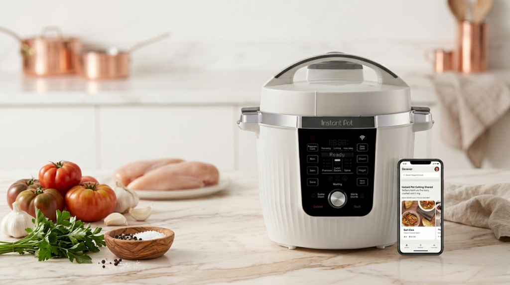 Instant Pot PRO Max Wi-Fi Smart 10-in-1 pressure cooker on a kitchen counter 