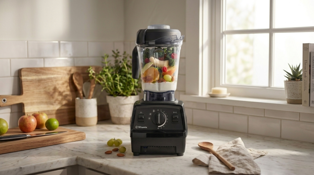 Vitamix Explorian with Programs blender in a bright modern kitchen with fresh fruits and greens on the counter