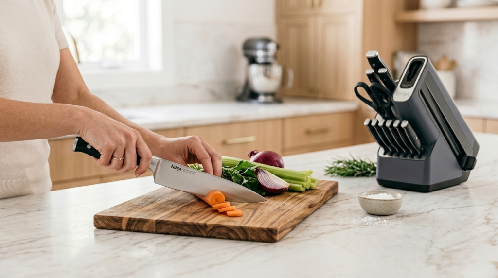 Home cook using the Ninja NeverDull chef knife to slice vegetables on a wooden cutting board