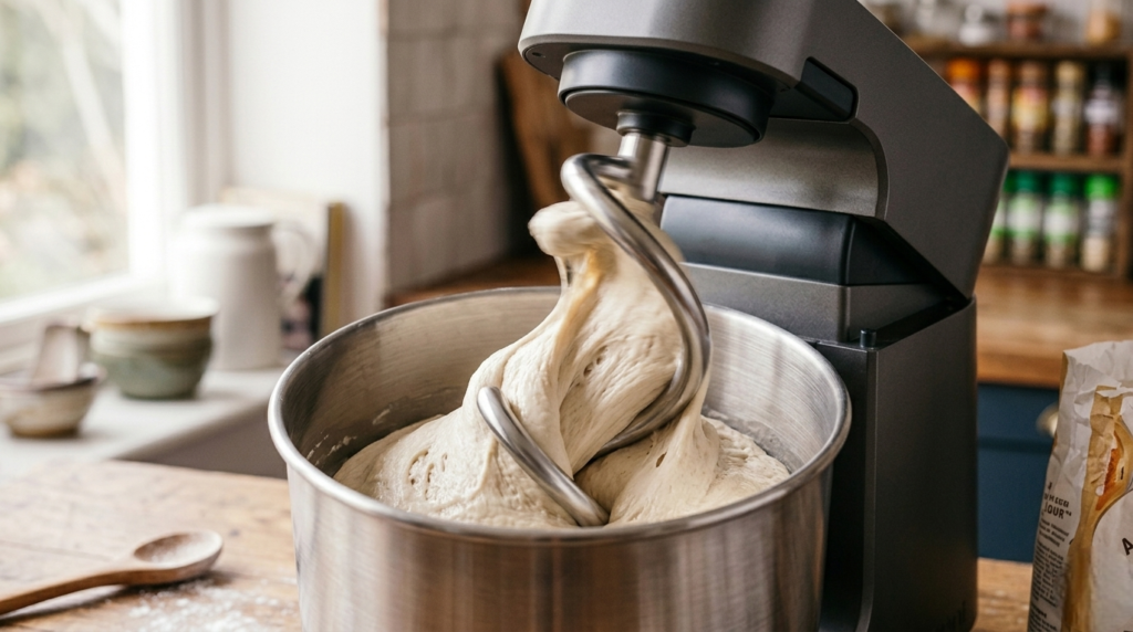 Close-up of the Ooni Halo Pro spiral dough hook in action inside the mixing bowl