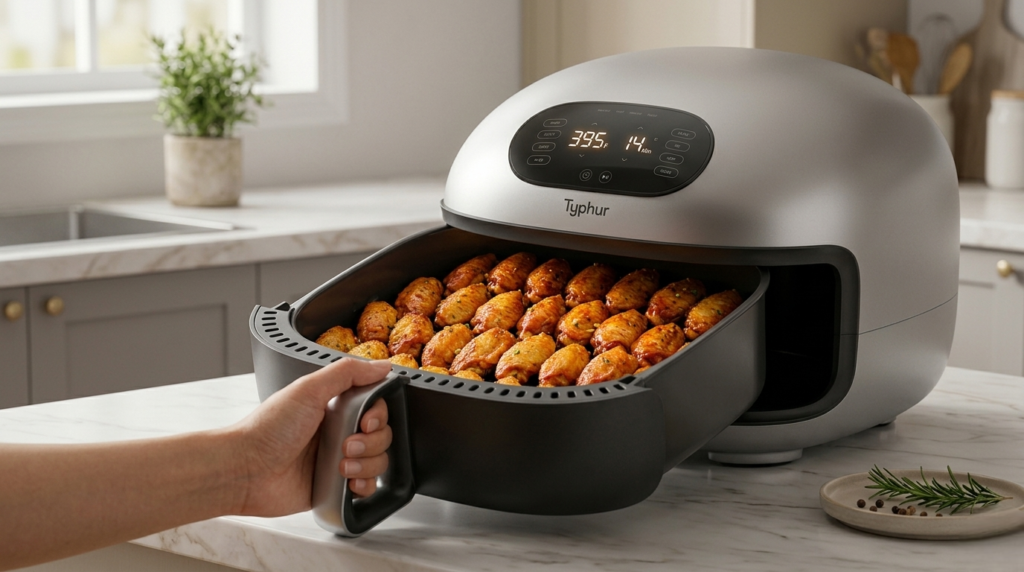 Close-up of the Typhur Dome 2 PFAS-free ceramic basket with a single layer of chicken wings